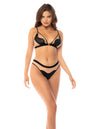 set crafted from transparent tulle and leather-effect fabric. Highlighted by a decorative front brooch, adjustable straps, and thong coverage,