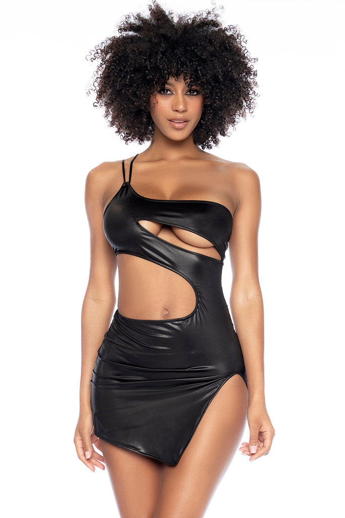 One shoulder clubbing dress in wet look fabric and strategically positioned cut outs to show the perfect amount of skin. This dress will have you turning heads wherever you go. Adjustable straps, fitted silhouette.