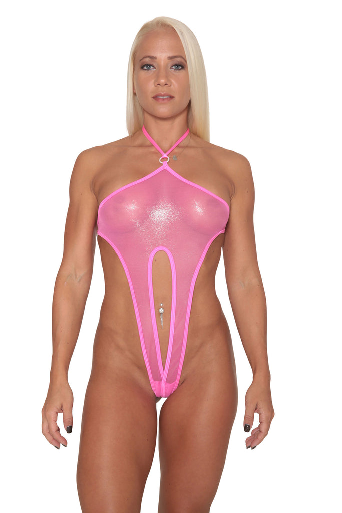 Hot Pink Metallic Sheer Mesh Exotic Sling Shot-Stripper Clothes