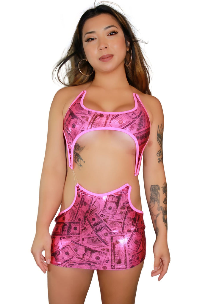 Look Great for your next rave or real sassy for the club in this Neon Pink  Money Print Mini Dress