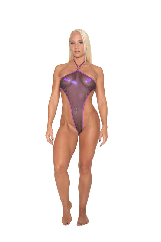 Purple Metallic Sheer Mesh Exotic Sling Shot-Stripper Clothes